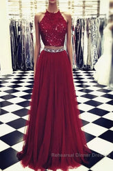Lace Crop Top Tulle Semi Formal Prom Dresses Two Piece Evening Gowns Beaded Sashes