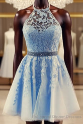 Lace Embroidery Halter Tulle Homecoming Dresses Cross Back