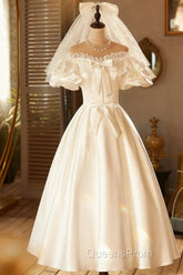 Lace Tea Length Bowknot White Satin Wedding Dress