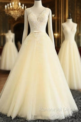 Lace Wedding Dresses, Lovely Light Champagne Tulle Long Lace Semi Formal Prom Dress