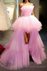 Latest High Low A-line Strapless Tulle Pink Semi Formal Prom Dresses