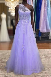 Lavender One Shoulder Appliques Lace Semi Formal Prom Dress