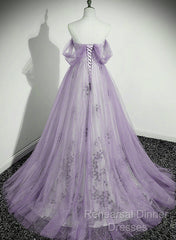 Lavender Tulle A-Line Beaded Off Shoulder Party Dress, Lavender Long Formal Dress