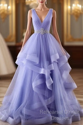 Lavender Tulle V-Neckline Layers Long Sweet 16 Dress, Light Purple Semi Formal Prom Dress Party Dress