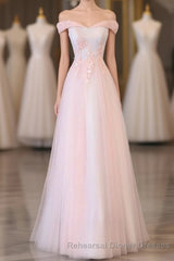 Light Pink Lace Off Shoulder Lonng Semi Formal Prom Dress, Pink Evening Dress