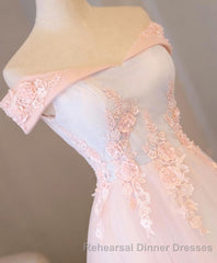 Light Pink Lace Off Shoulder Lonng Semi Formal Prom Dress, Pink Evening Dress