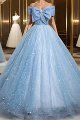 Light Blue A-Line Off Shoulder Tulle Sequins Long Semi Formal Prom Dress Evening Dress