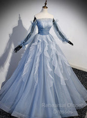 Light Blue Ball Gown Long Sleeves Beaded Party Dress, Light Blue Semi Formal Prom Dress