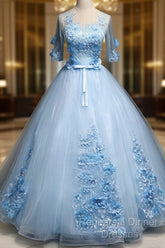 Light Blue Ball Gown With Sleeves Party Dress, Blue Sweet 16 Dress