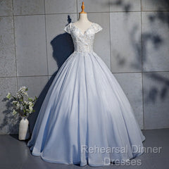 Light Blue Cap Sleeves Lace Top Ball Gown Sweet 16 Gown, Light Blue Semi Formal Prom Dress Formal Dress