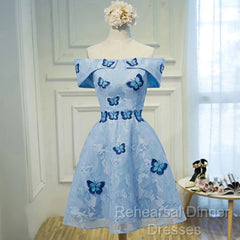 Light Blue Lace With Butterflies Short Homecoming Dress, Blue Semi Formal Prom Dress