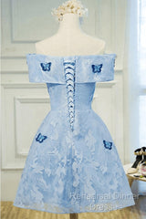 Light Blue Lace With Butterflies Short Homecoming Dress, Blue Semi Formal Prom Dress