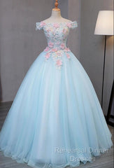 Light Blue Long Floral Tulle Sweet 16 Dress, Quinceanera Dress
