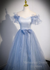 Light Blue Off Shoulder Tulle Sweetheart Formal Dress, Light Blue A-Line Semi Formal Prom Dress