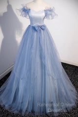 Light Blue Off Shoulder Tulle Sweetheart Formal Dress, Light Blue A-Line Semi Formal Prom Dress