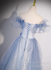 Light Blue Off Shoulder Tulle Sweetheart Formal Dress, Light Blue A-Line Semi Formal Prom Dress