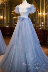 Light Blue Off Shoulder Tulle Sweetheart Formal Dress, Light Blue A-Line Semi Formal Prom Dress