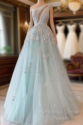 Light Blue Semi Formal Prom Dresses One Shoulder Sequin Lace