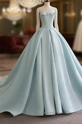 Light Blue Satin Long Ball Gown Quinceanera Dresses Princess Dress Semi Formal Prom Dress