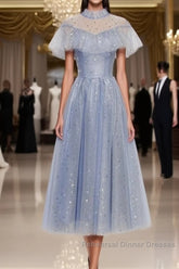 Light Blue Shiny Tulle High Neckline Homecoming Dress Party Dress, Blue Short Semi Formal Prom Dress