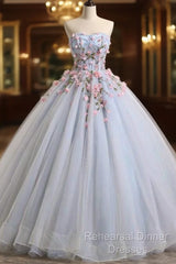 Light Blue Sweethart Flowers Ball Gown Formal Dress, Blue Sweet 16 Dress