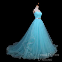 Light Blue Sweetheart Tulle Long Formal Dress With Belt, Charming Tulle Sweet 16 Dresses