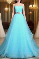 Light Blue Sweetheart Tulle Long Formal Dress With Belt, Charming Tulle Sweet 16 Dresses