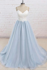 Light Blue Tulle Simple Spaghetti Straps Sweep Train Backless Prom Dress