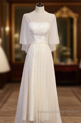 Light Champagne Short Sleeves Long Wedding Party Dress, Cute Semi Formal Prom Dress