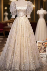 Light Champagne Short Sleeves Tulle Long Formal Dress, A-Line Floor Length Party Dresses