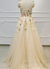 Light Champagne Tulle With Flowers Long Evening Dress, A-Line Tulle Formal Dress