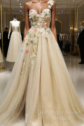 Light Champagne Tulle With Flowers Long Evening Dress, A-Line Tulle Formal Dress