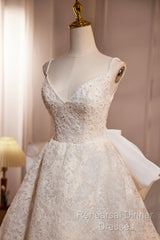 Light Champagne V-Neck Lace Long Semi Formal Prom Dress, A-Line Spaghetti Straps Backless Party Dress With Bow