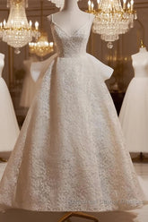 Light Champagne V-Neck Lace Long Semi Formal Prom Dress Weeding Dress