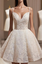 Light Champagne V-Neck Lace Short Semi Formal Prom Dress, A-Line Spaghetti Straps Backless Party Dress With Bow