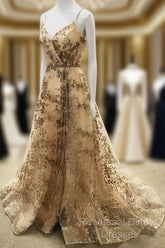Light Gold Sequin Pattern Semi Formal Prom Dresses V Neck Split