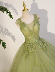 Light Green A-line Tulle with Lace Applique Prom Dress, Green Formal Dress