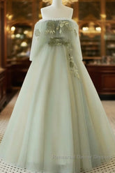 Light Green Off Shoulder Tulle Long Semi Formal Prom Dress A-Line Green Party Dress