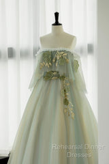 Light Green Scoop Off Shoulder A-Line Tulle Semi Formal Prom Dress, Light Green Evening Dress