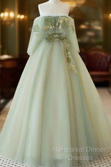 Light Green Scoop Off Shoulder A-Line Tulle Semi Formal Prom Dress, Light Green Evening Dress