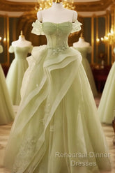 Light Green Sweetheart Beaded Off Shoulder Party Dress, Light Green Tulle Semi Formal Prom Dress