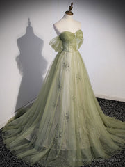 Light Green Sweetheart Tulle Beaded Party Dress, Green Long Prom Dress