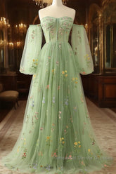 Light Green Tulle Floral Sleeves Long Party Dress, A-Line Light Green Semi Formal Prom Dress