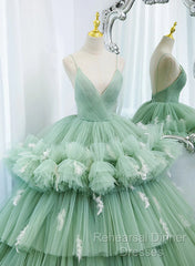 Light Green Tulle Layers Low Back Semi Formal Prom Dress, Light Green Sweet 16 Dress