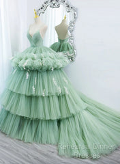 Light Green Tulle Layers Low Back Semi Formal Prom Dress, Light Green Sweet 16 Dress