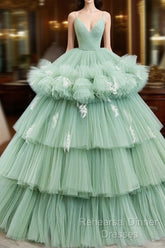 Light Green Tulle Layers Low Back Semi Formal Prom Dress, Light Green Sweet 16 Dress