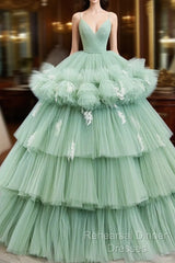 Light Green Tulle Layers Low Back Semi Formal Prom Dress, Light Green Sweet 16 Dress