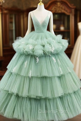 Light Green Tulle Layers Low Back Evening Prom Dress Sweet 16 Dress Quinceanera Dress