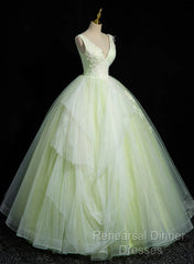 Light Green V-Neckline Tulle Long Party Dress, Light Green Sweet 16 Dress