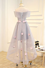 Light Grey Tulle With Flowers High Low Fashionable Party Dress, Grey Homecoming Dresses